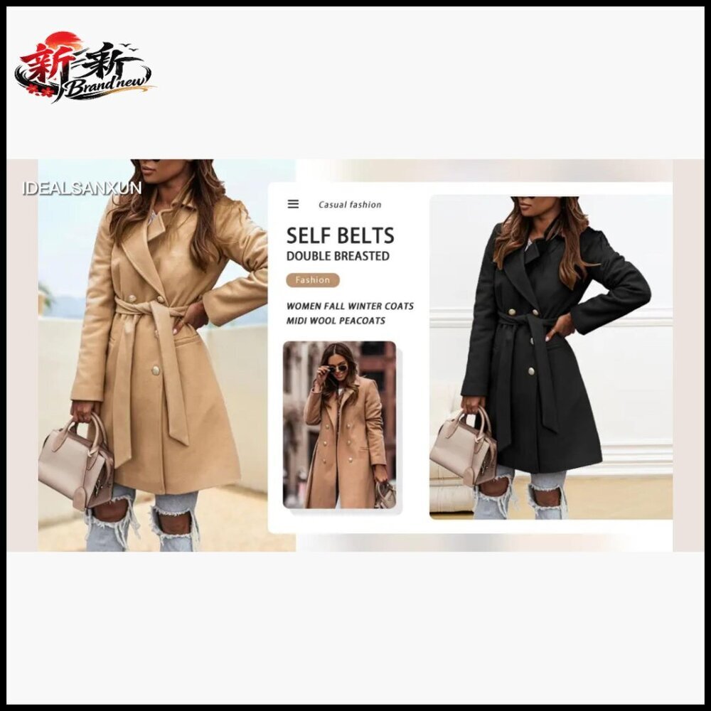 Wool Blended Trench Coat Double Breasted with Belt - Picture 4 of 4